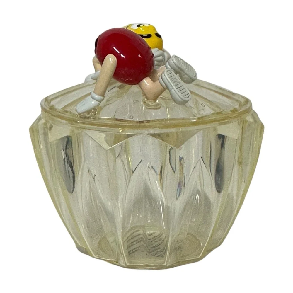 Vintage M&M‎ Candy Dish Lidded Bowl Clear Acrylic Plastic Faceted Collectible